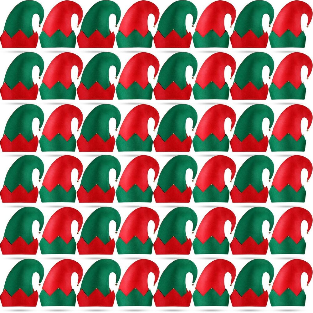 9460 48 Pcs Christmas Elf Felt Hat Green Red Elf Hats Bulk with Bell Santa